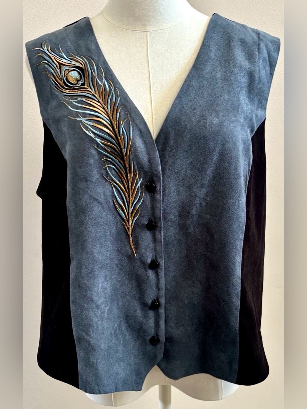 Bob Mackie Peacock Embroidered Denim Vest Boho Artsy Statement Piece
